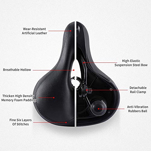IPOW Comfort Bike Seat for Women or Men, Bicycle Saddle Replacement Padded Soft High Density Memory Foam with Dual Shock Absorbing Rubber Balls Suspension Universal Fit for Indoor/Outdoor Bikes,Black