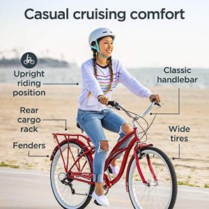 Schwinn Sanctuary 7 Comfort Cruiser Bike, Featuring Retro-Styled 16-Inch/Small Steel Step-Through Frame and 7-Speed Drivetrain with Front and Rear Fenders, Rear Rack, and 26-Inch Wheels, Red