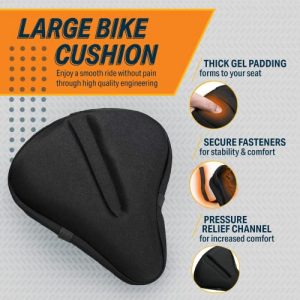 Bikeroo Bike Seat Cushion - Padded Gel Wide Adjustable Cover for Men & Womens Comfort, Compatible with Peloton, Stationary Exercise or Cruiser Bicycle Seats, 11in X 10in (Black)