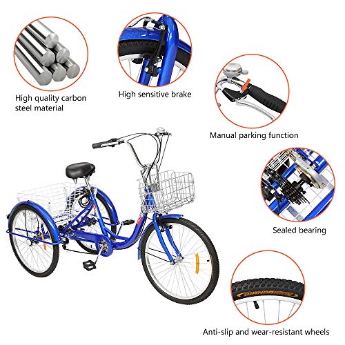 PEXMOR Adult Tricycle, 7 Speed Trike Cruiser Bike, 24/26 Inch Three-Wheeled Bicycle with Foldable Front & Rear Basket Adjustable Height Seat for Recreation, Shopping Men's Women's Bike (Blue, 24")