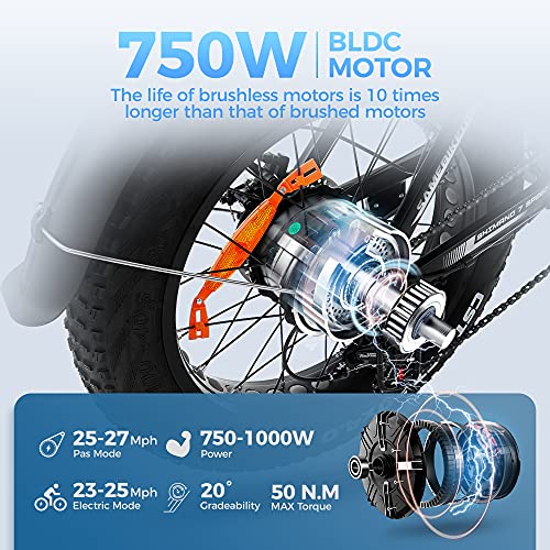 SAMEBIKE 750W Electric Bikes for Adults 25Mph 4.0" Fat Tire Electric Mountain Bike, 48V 13Ah Up to 65 Miles Removable Battery Electric Bicycles