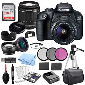 Canon EOS 4000D DSLR Camera with 18-55mm f/3.5-5.6 Zoom Lens, 128GB Memory,Case, Tripod and More (28pc Bundle), Black