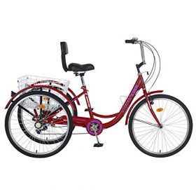 Adult Tricycle 7 Speed, Three Wheel Bikes for Seniors, Adults, Women, Men, 20/24/26-Inch Wheels, Cargo Basket, Multiple Colors (Dark Red, 24