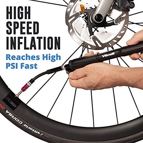 Vibrelli Mini Bike Pump with Gauge - Presta & Schrader - Accurate High Pressure 110 PSI - Portable Bicycle Pump for Road, Mountain, BMX Bike Tires - Mounting Bracket Included