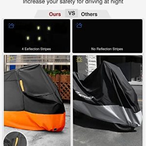 Puroma Motorcycle Cover, XXX-Large Waterproof Motorbike Cover Outdoor Indoor Scooter Shelter Protection with 4 Reflective Strips for Harley Davidson, Honda, Suzuki, Kawasaki, Yamaha (Black & Orange)