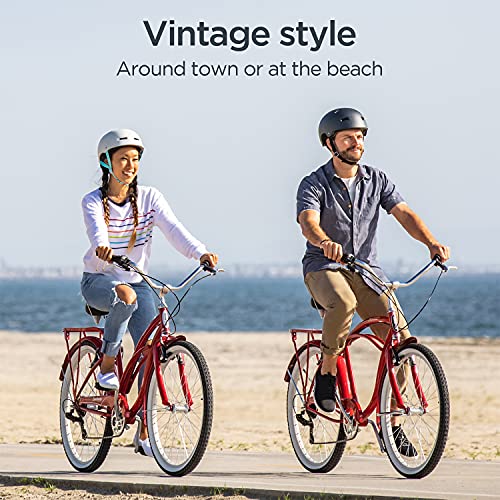 Schwinn Sanctuary 7 Comfort Cruiser Bike, Featuring Retro-Styled 16-Inch/Small Steel Step-Through Frame and 7-Speed Drivetrain with Front and Rear Fenders, Rear Rack, and 26-Inch Wheels, Red