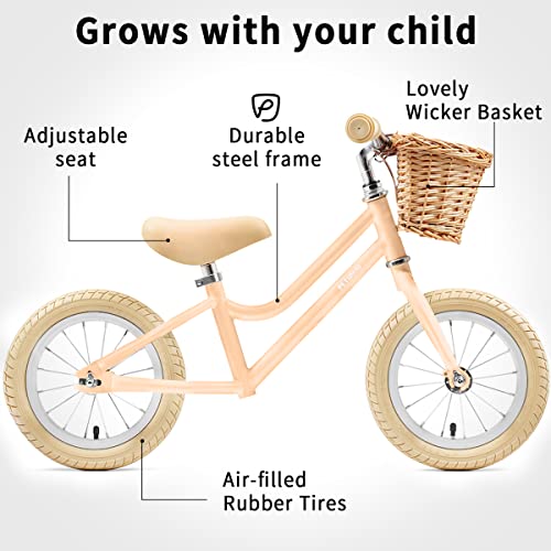 Petimini 12 inch Kids Balance Bike with Basket for 2 3 4 5 6 Years Old Toddler Children, Carbon Steel No Pedal Training Bicycle for Girls and Boys, Peach