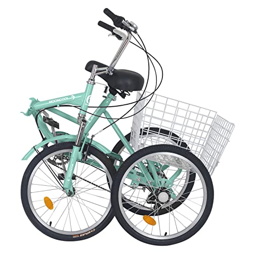 MOPHOTO Adult Folding Tricycle 7 Speed 20/24/26 Inch Adult Tricycles Three Wheel Bike Cruiser Trike with Low-Step Through Frame/Large Basket/Adjustable Seat (Cyan Green, 24" Folding 7-Speed)