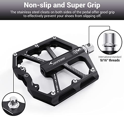 Sportneer Mountain Bike Pedals, CNC Machined 9/16" Threads Cycling Sealed 3 Bearing Pedals for Road Mountain BMX MTB Bike