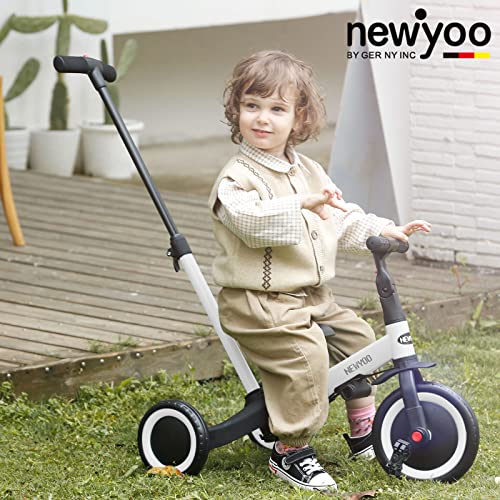 newyoo 5 in 1 Toddler Tricycle with Parent Steering Push Handle for 1,2,3 Years Old Boys and Girls, Kids Push Trike, Toddler Bike with Removable Pedals, Adjustable Seat and Handle, White