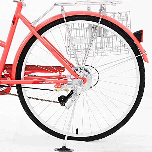 YUEBM Women's Hybrid Cruiser Bicycle,Shimano 7-Speed Drivetrain,26 Inch Comfort Commuter Bikes with Baske (B-Red)