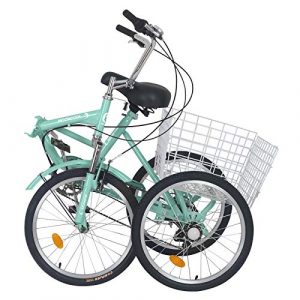 Slsy Adult Folding Tricycles, 7 Speed Folding Adult Trikes, 20 Inch 3 Wheel Bikes with Low Step-Through, Foldable Tricycle with Basket for Adults, Women, Men, Seniors. (Soft Green, 24
