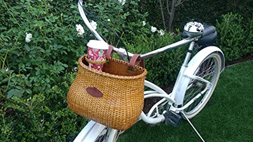 Tote & Kari Bike Basket for Women Beach Cruiser or Scooter The Original Wicker Bicycle Baskets with Built in Cup Holder for Front Handlebar-Classic Vintage Style Handmade Natural Rattan Wicker