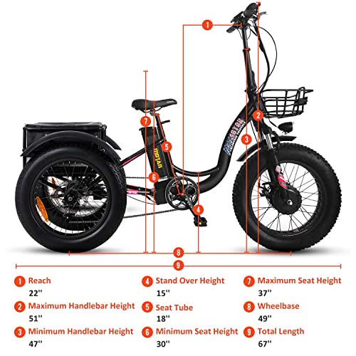 Addmotor Motan 3 Wheel Electric Bicycle, Ebike 750W 48V 17.5Ah Removable Battery, Front & Rear Baskets and Front Fender, M330 20" Fat Tire Electric Tricycle (Black)