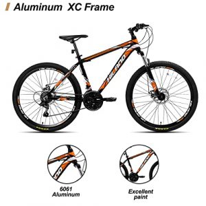Hiland 26 Inch Mountain Bike Aluminum MTB Bicycle with 17 Inch Frame Kickstand Disc-Brake Suspension Fork Cycling Urban Commuter City Bicycle Black Orange