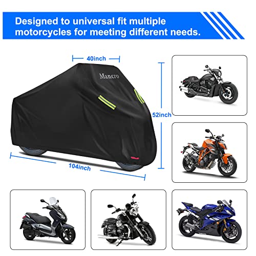 Motorcycle Cover Waterproof Outdoor,All Season Universal Weather Protection Scooter Cover,Durable Reflective Stripe with Lock-Holes & Storage Bag,XXL Fits up to 104" Powersports Vehicle Covers,Black