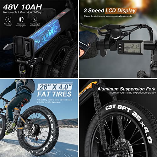 Electric Bike, TotGuard 26" Fat Tire Electric Bike for Adults 500W 60MILES Ebike Foldable Adult Electric Bicycles with 21.6MPH Electric Mountain Bike,48V 10Ah Battery,Lockable Suspension Aluminum Fork