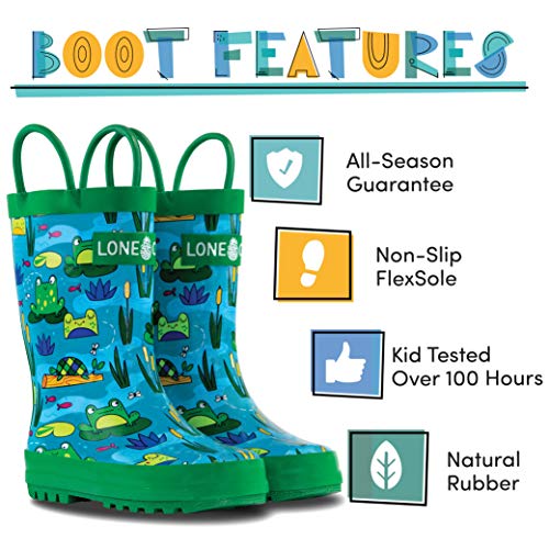 Lone Cone Rain Boots with Easy-On Handles in Fun Patterns for Toddlers and Kids, Frog Pond, 6 Toddler