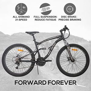 Hiland Full-Suspension 26 Inch Mountain Bike for Men Women Teenagers, Shimano 21 Speeds, Disc Brakes Black MTB Trail Bicycle