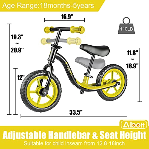 Albott Balance Bike - Toddler Training Bike for 18 Months, 2, 3, 4 and 5 Year Old Kids - 12" Toddler Push Bike No Pedal Bicycle with Footrest for Baby Children (Green&Black)