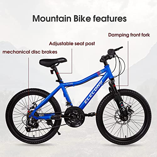 Elecony 20" Pro-Mountain Bike for Kids, 21Speed-Front Fork Suspension-Dual disc Brakes System-Lightweight Steel Frame，Safety, Comfort and high Controllability. (Blue)