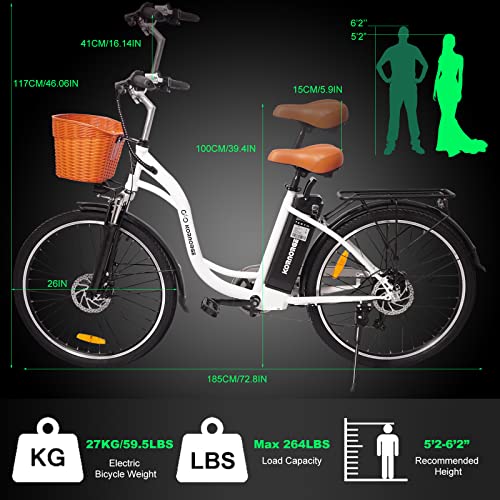 KORNORGE Electric Bike for Adults - 26" City Commuter Ebike, 350W Motor Removable 36V/12.5Ah Battery, Shimano 6-Speed and Dual Shock Absorber, Electric Cruiser Bike with Basket for Female Male.White