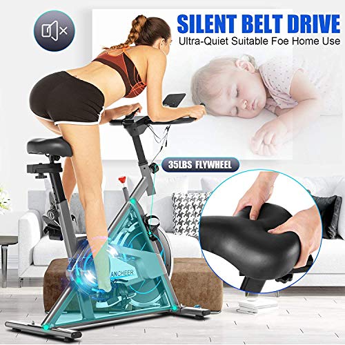 ANCHEER Exercise Bike with APP connection, 35LB Flywheel Max.300LB Indoor Cycling Bike, Belt Drive Stationary Bike, Adjustable Resistance, LCD Monitor, Pad/Phone Holder