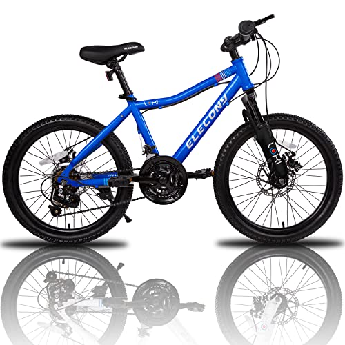 Elecony 20" Pro-Mountain Bike for Kids, 21Speed-Front Fork Suspension-Dual disc Brakes System-Lightweight Steel Frame，Safety, Comfort and high Controllability. (Blue)