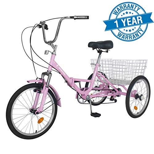 Slsy Adult Folding Tricycles, 7 Speed Folding Adult Trikes, 20 24 26 Inch 3 Wheel Bikes with Low Step-Through, Foldable Tricycle with Basket for Adults, Women, Men, Seniors.