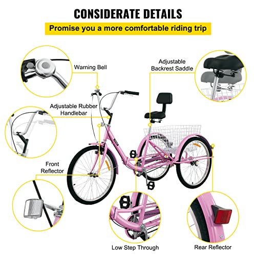 Bkisy Tricycle Adult 26'' 1-Speed 3 Wheel Bikes for Adults Three Wheel Bike for Adults Adult Trike Adult Folding Tricycle Foldable Adult Tricycle 3 Wheel Bike Trike for Adults (Pink)