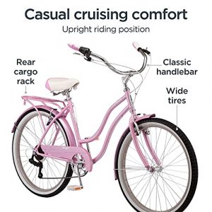 Schwinn Perla Women's Cruiser Bicycle, Featuring 18-Inch Step-Through Steel Frame and 7-Speed Drivetrain with Front and Rear Fenders, Rear Rack, and 26-Inch Wheels, Pink