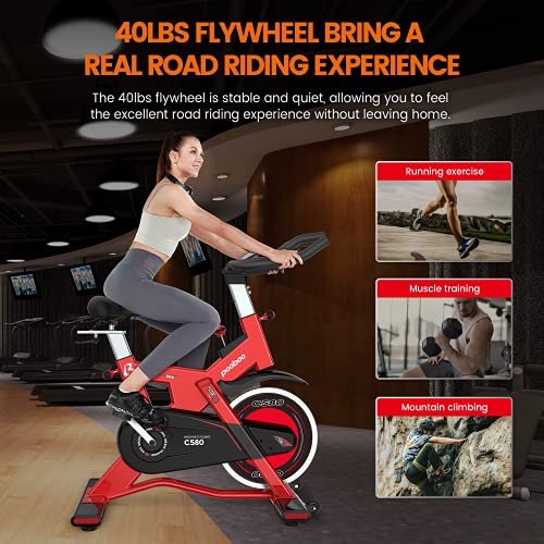 pooboo Exercise Bike Indoor Cycling Bike Commercial Standard with 40lbs Flywheel for Home Stationary Bike, Belt Drive Smooth Quiet Workout Bike with iPad Holder&LCD Monitor, Fully Adjustable Seat Cushion (Crimson)