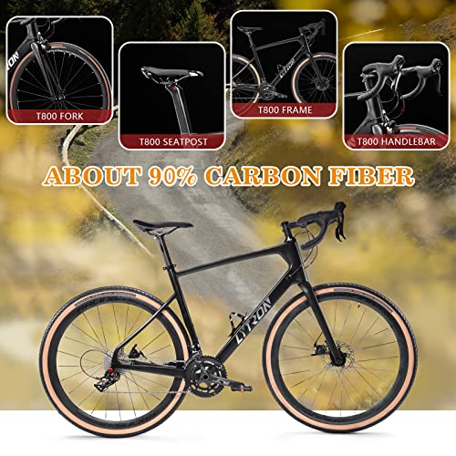 Carbon Gravel Bike, LYTRON Carbon Fiber Bicycle with 22 Speed, 700C Tire and Bottle Hold, Ultra-Light Bicycle, Matte Black