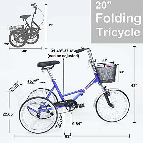 ZUKKA Adult Folding Tricycle Trikes,Foldable 20 inch 3 Wheel Bikes,Single Speed Portable Cruiser Bicycles with Shopping Basket for Seniors,Women, Men-Blue