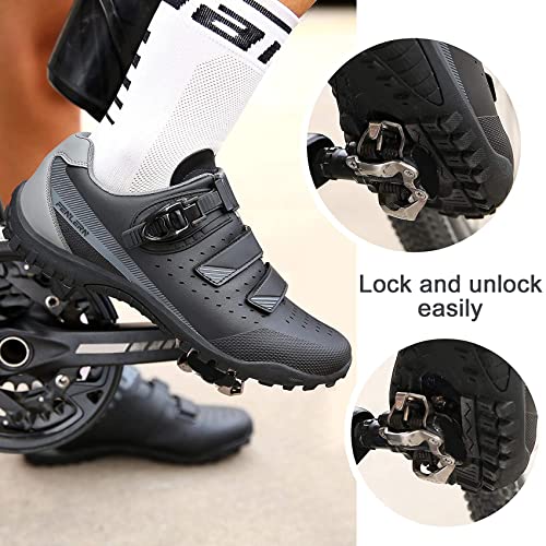 FENLERN Men's Cycling Shoes Mountain Bike Shoes Ratchet Buckle Walkable MTB Clipless Biking Lightweight for Indoor Outdoor Riding Compatible with 2-Bolt Cleats (12, Black Grey)