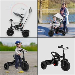 KORIMEFA 4-in-1 Stroller Tricycle Toddler Trike Kids Tricycle 1- 6 Years Boy Girl Push Tricycle with Adjustable Push Handle Removable Canopy Safety Harness(Gray)