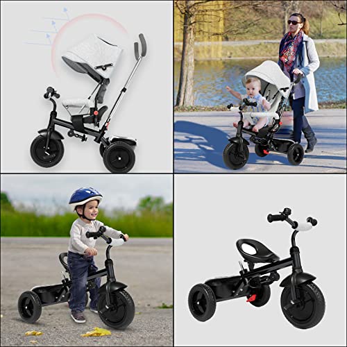 KORIMEFA 4-in-1 Stroller Tricycle Toddler Trike Kids Tricycle 1- 6 Years Boy Girl Push Tricycle with Adjustable Push Handle Removable Canopy Safety Harness(Gray)