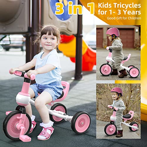 GLAF 4 in 1 Kids Tricycle for 10 Month to 3 Years Old Toddler Tricycle Boys Girls Baby Balance Bike for 1 to 3 Years Old Toddler Bike 1 Year Old with Removable Pedal (Pink)
