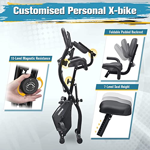 Folding Exercise Bikes DISPANK 3-in-1 X-Bike Slim Cycle Indoor Recumbent Exercise Bikes, Sturdy Foldable Stationary Bike with Arm Resistance Band and Backrest, 10-Level Resistance for Men, Women and Seniors
