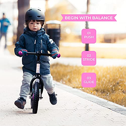 Lets Go 12 Inch Balance Bike with Foot Rest for 2-5 Years Old - Steel Balance to Pedal Bike with Platform and Mud Guard - Adjustable Seat and Handlebars - Puncture-Free Tire (Pink)