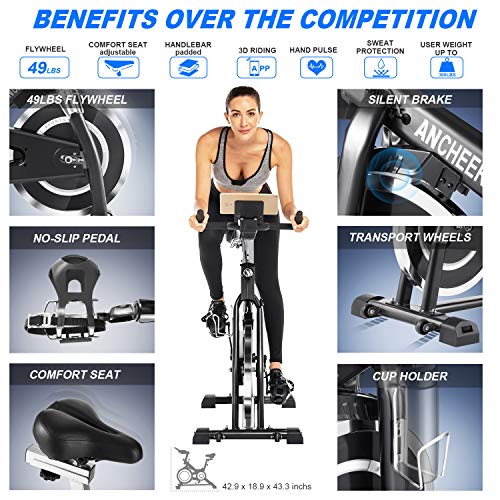 ANCHEER Indoor Cycling Bike Stationary Exercise Bikes, 49LBS Silent Belt Drive Chromed Flywheel with LCD Monitor, IPAD Holder, Caged Pedals, Adjustable Seat Cushion & Handlebar & Base for Home Workout