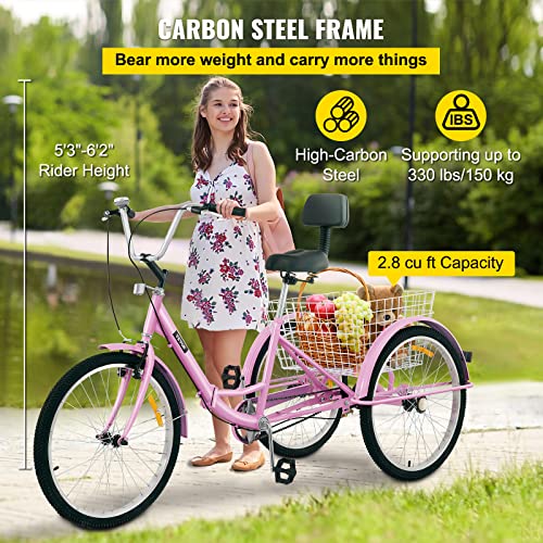 Bkisy Tricycle Adult 26'' 1-Speed 3 Wheel Bikes for Adults Three Wheel Bike for Adults Adult Trike Adult Folding Tricycle Foldable Adult Tricycle 3 Wheel Bike Trike for Adults (Pink)
