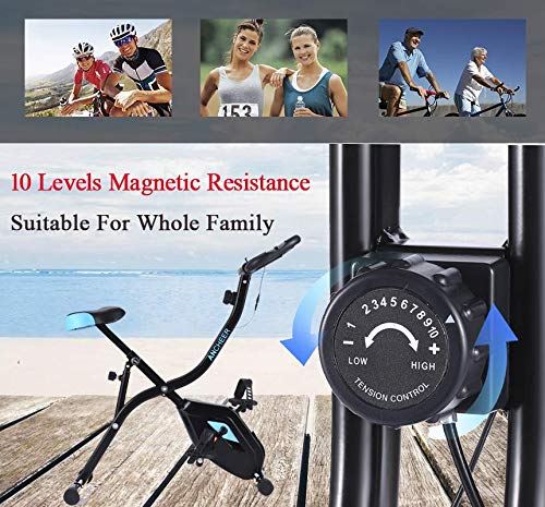 ANCHEER APP Connect Folding Exercise Bike, 10-Level Adjustable Magnetic Resistance Folding Exercise Bike with Cushion Seat, Portable Wheel for Home Gym Cardio Fitness
