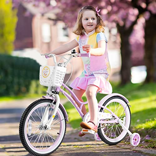 INFANS Kids Bike 18 Inch with Adjustable Seat, Balance or Training Wheels, Handbrake, Steel Frame, Toddler Children Bicycles for 5-9 Years Old Kids Boys Girls (Purple)
