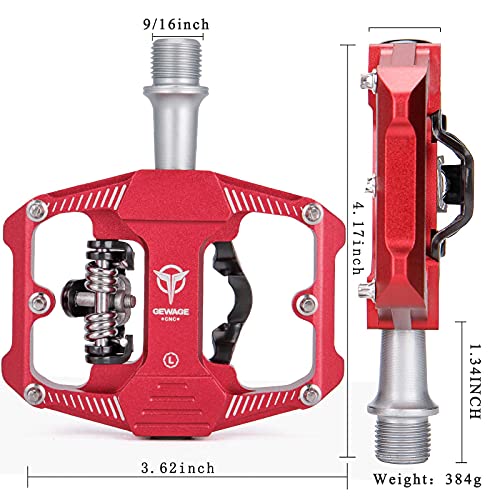 Mountain Bike Pedals - Dual Function Flat and SPD Pedal - 3 Sealed Bearing Platform Pedals SPD Compatible, Bicycle Pedals for BMX Spin Exercise Peloton Trekking Bike (Red)