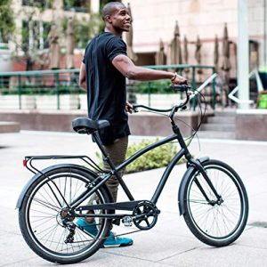 sixthreezero EVRYjourney Men's 7-Speed Step-Through Hybrid Cruiser Bicycle, Matte Black w/Black Seat/Grips, 26