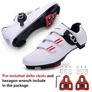 Mens Womens Cycling Shoes Compatible with Peloton Bike Shoes Road Bike Shoes Riding Bicycle Pre-Installed with Look Delta Cleats Clip Indoor Outdoor Pedal Size 10.5 White