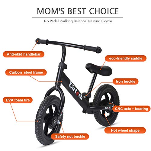 Birtech Balance Bike for 1,2,3,4 Year Old Kids, 12 Inch Toddler Balance Bike Kids Indoor Outdoor Toys, No Pedal Training Bicycle with Adjustable Seat Height, Airless Tire, Black