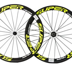 Superteam Carbon Fiber Road Bike Wheels 700C Clincher Wheelset 50mm Matte 23 Width (Fluorescent Yellow)