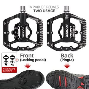 FOOKER MTB Mountain Bike Pedals 3 Bearing Flat Platform Compatible with SPD Dual Function Sealed Clipless Aluminum 9/16